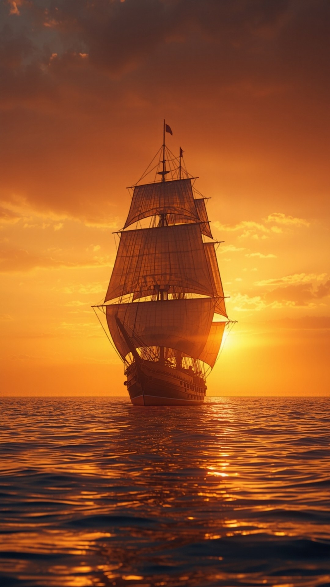 AI-generated illustration: a tall sailing ship on the sea at sunset.