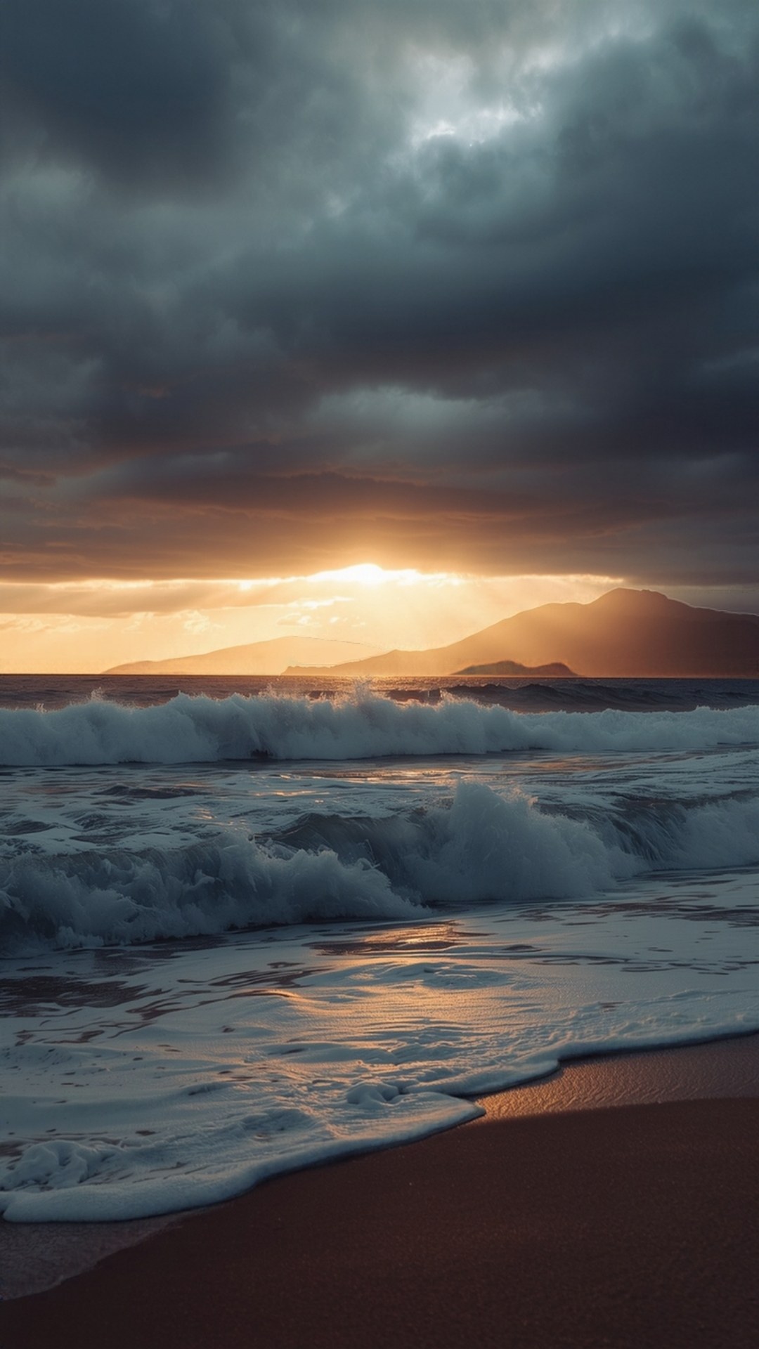 AI-generated illustration: waves on a shore under parting storm clouds with sunlight breaking through.