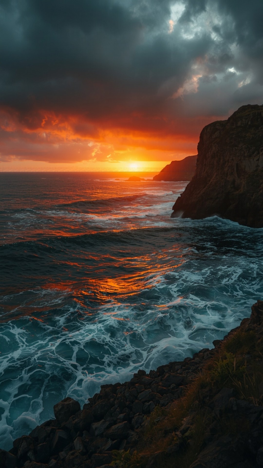 AI-generated illustration: waves breaking on a rocky coast under a dramatic sky at first light.