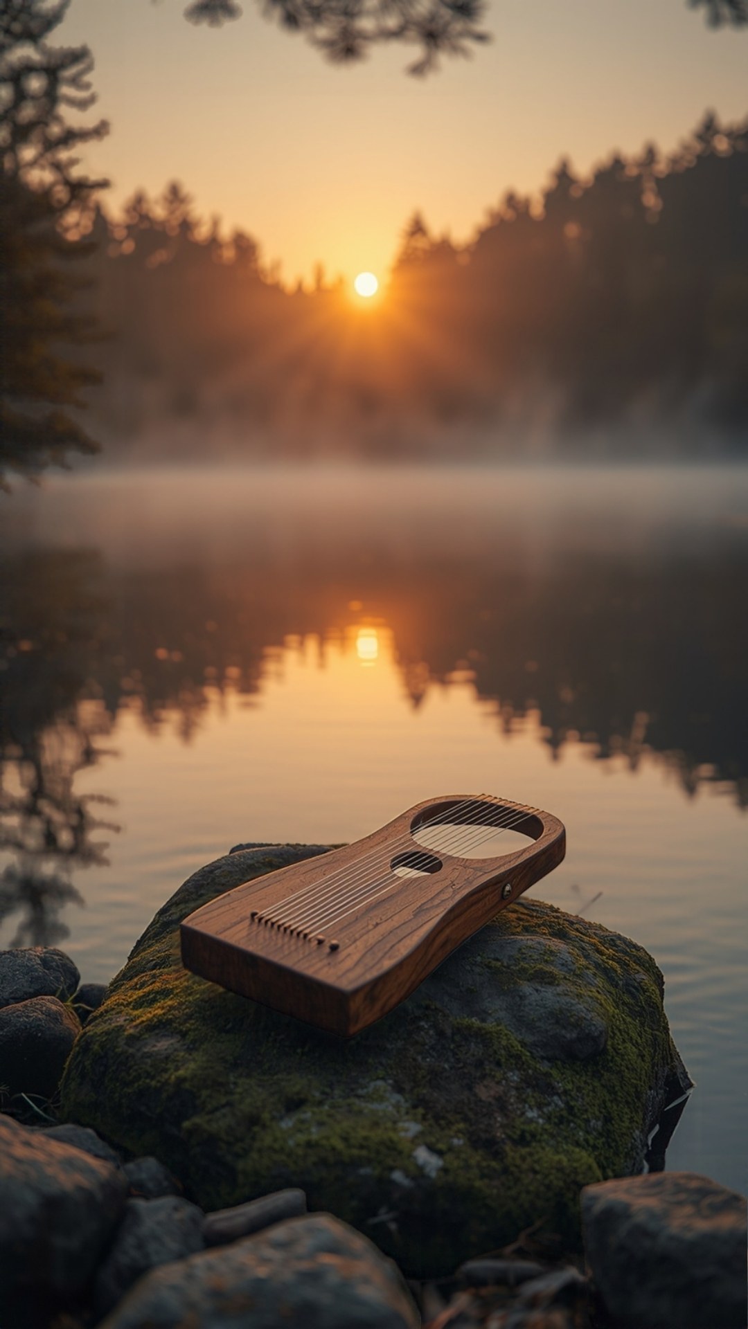 AI-generated illustration: a wooden lyre resting on a mossy rock beside a misty lake at sunrise.