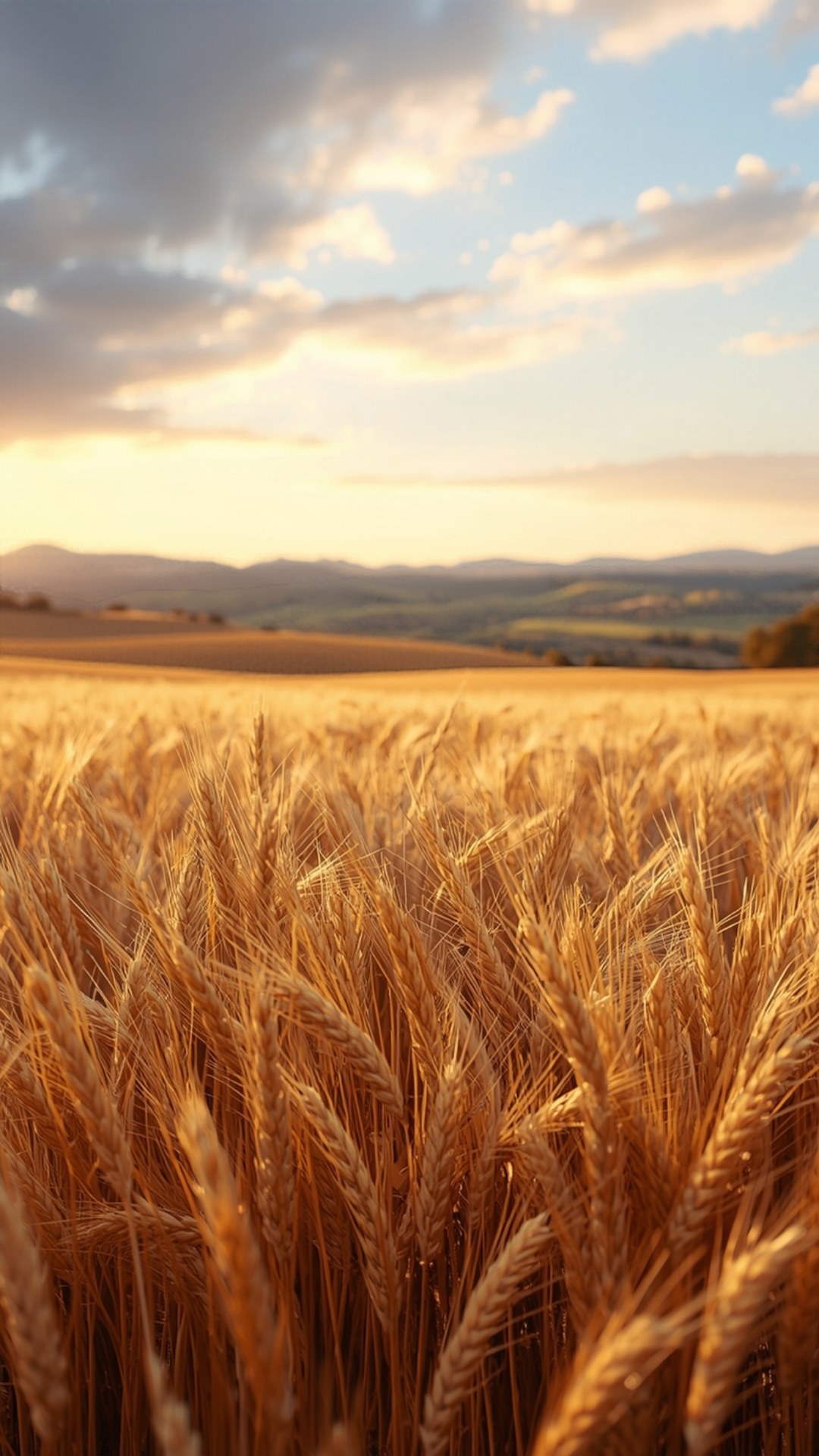 AI-generated illustration: ripe golden wheat in the foreground of rolling harvest fields under a soft evening sky.