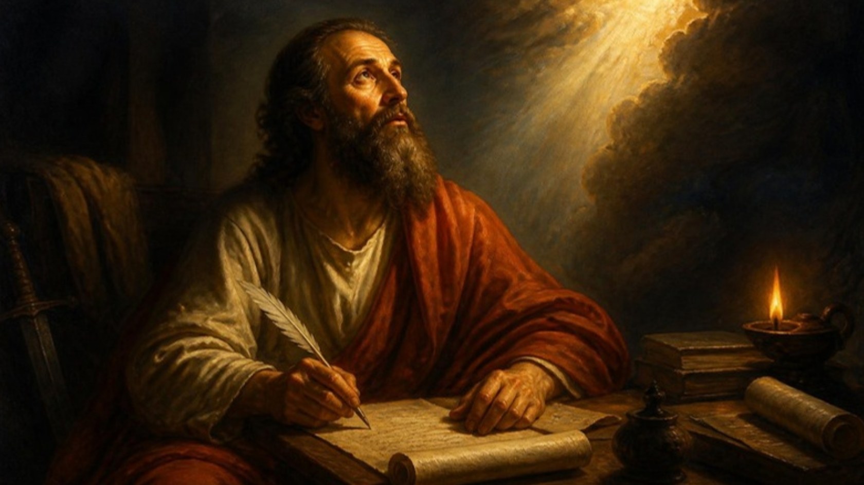 AI-generated illustration: the apostle Paul writes a letter by lamplight, his gaze lifted to a soft heavenly light. Classical sacred-art style.