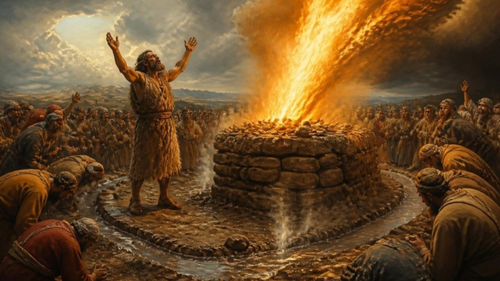 AI-generated illustration: the prophet Elijah raises his arms to heaven on Mount Carmel as fire from the Lord falls on the altar of twelve stones and the people fall to their knees. Classical sacred-art style.