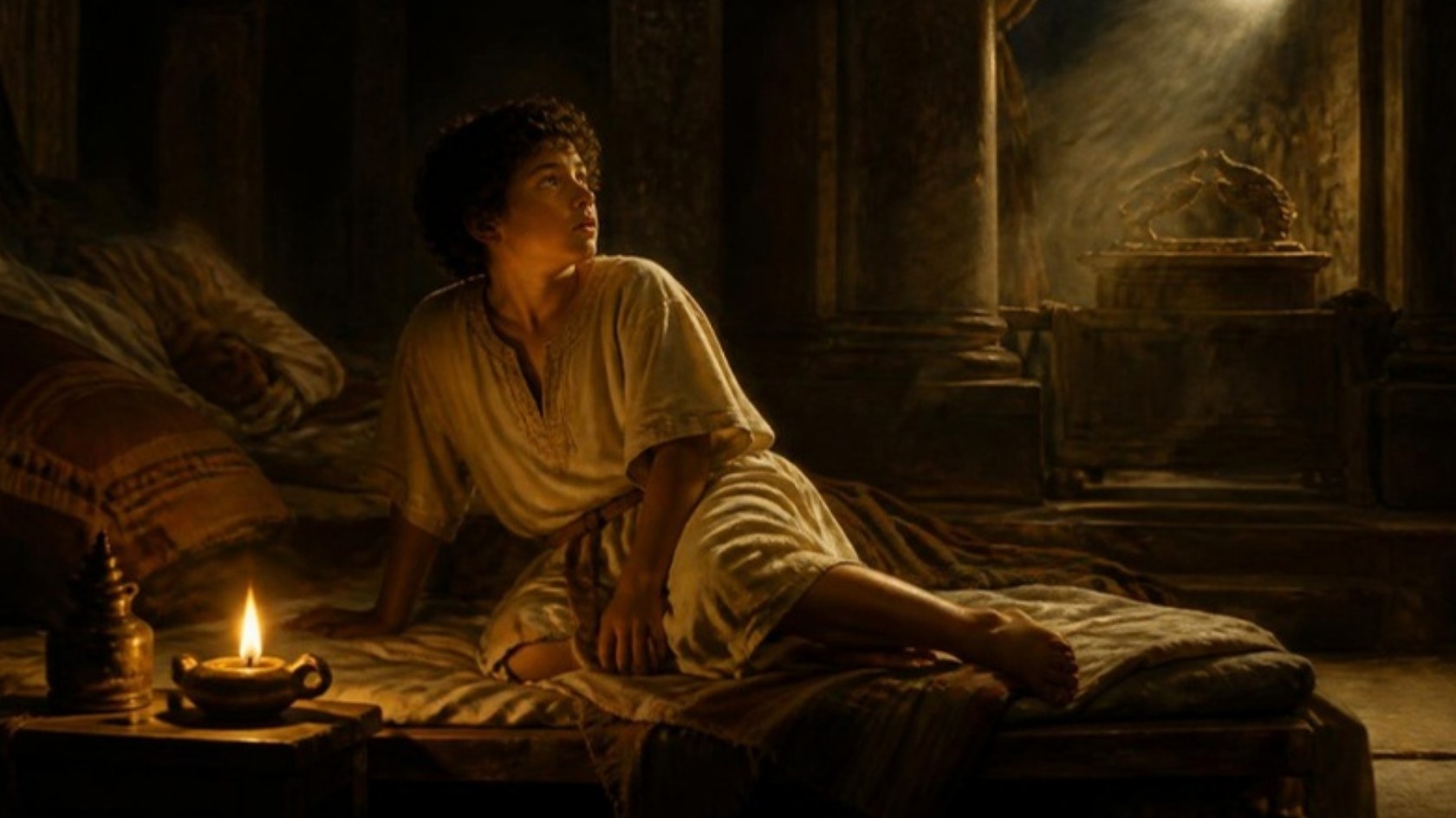 AI-generated illustration: the boy Samuel sits up on his mat by lamplight in the sanctuary at Shiloh, listening as the Lord calls him in the night while Eli sleeps nearby. Classical sacred-art style.