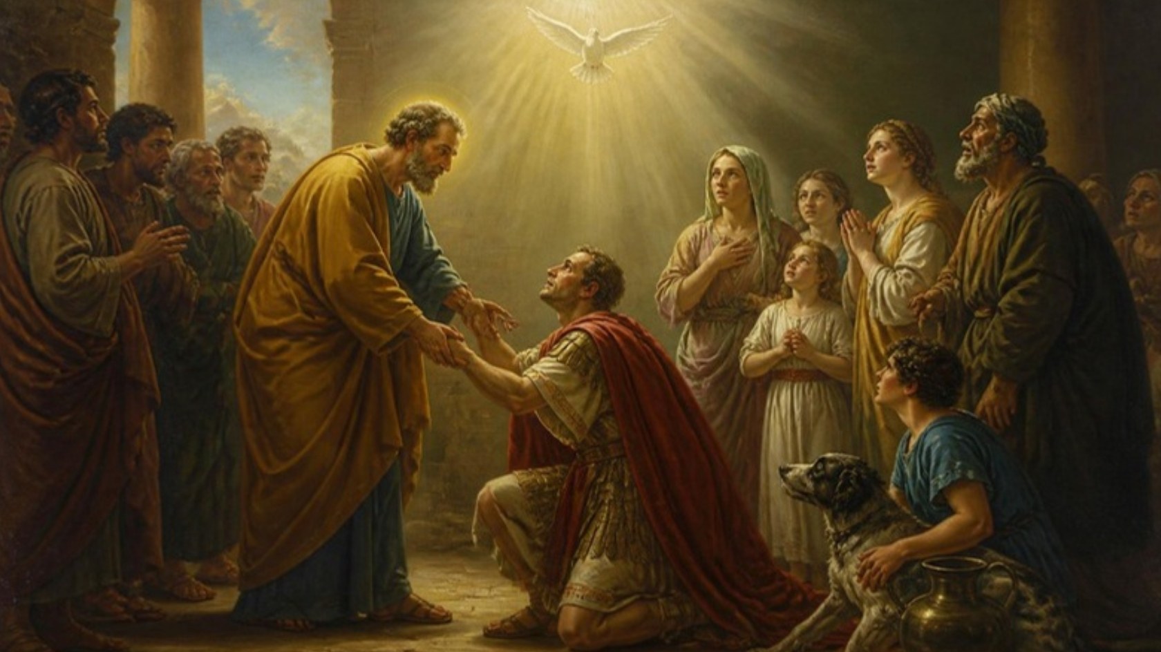 AI-generated illustration: Peter raises the kneeling centurion Cornelius as his household watches and the Spirit descends as a dove of light. Classical sacred-art style.