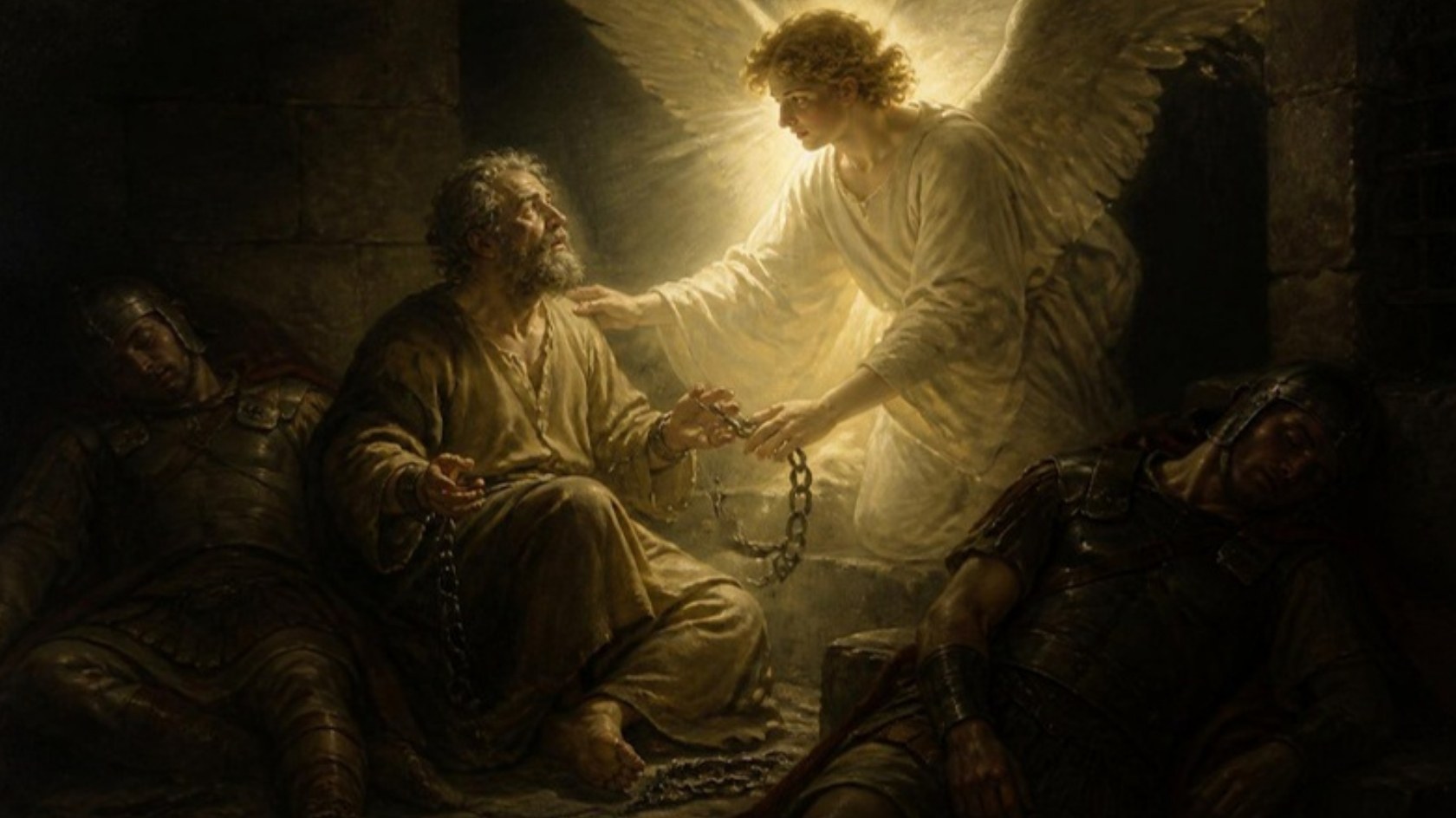 AI-generated illustration: an angel in radiant light wakes Peter in a dark prison cell as the chains fall from his wrists. Classical sacred-art style.