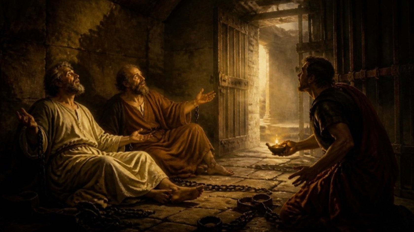 AI-generated illustration: Paul and Silas sit loosed from their chains in the Philippi jail at midnight as the kneeling jailer holds up a lamp before the open door. Classical sacred-art style.