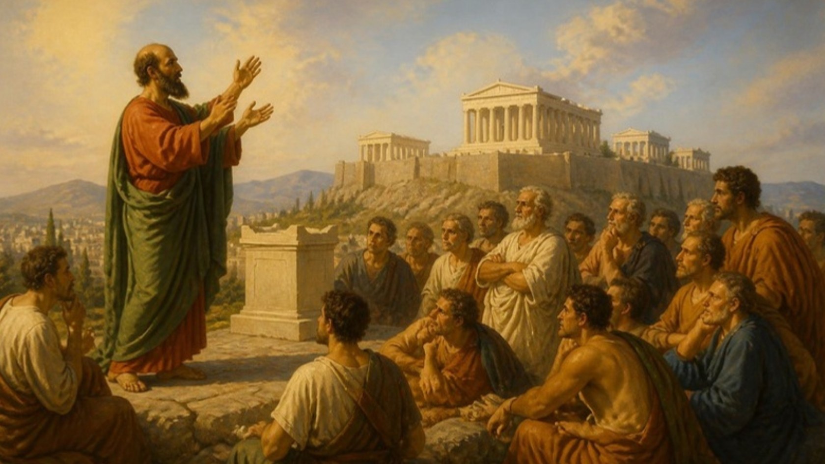 AI-generated illustration: Paul preaches to Greek philosophers on the Areopagus in Athens, the Parthenon on the hill behind. Classical sacred-art style.
