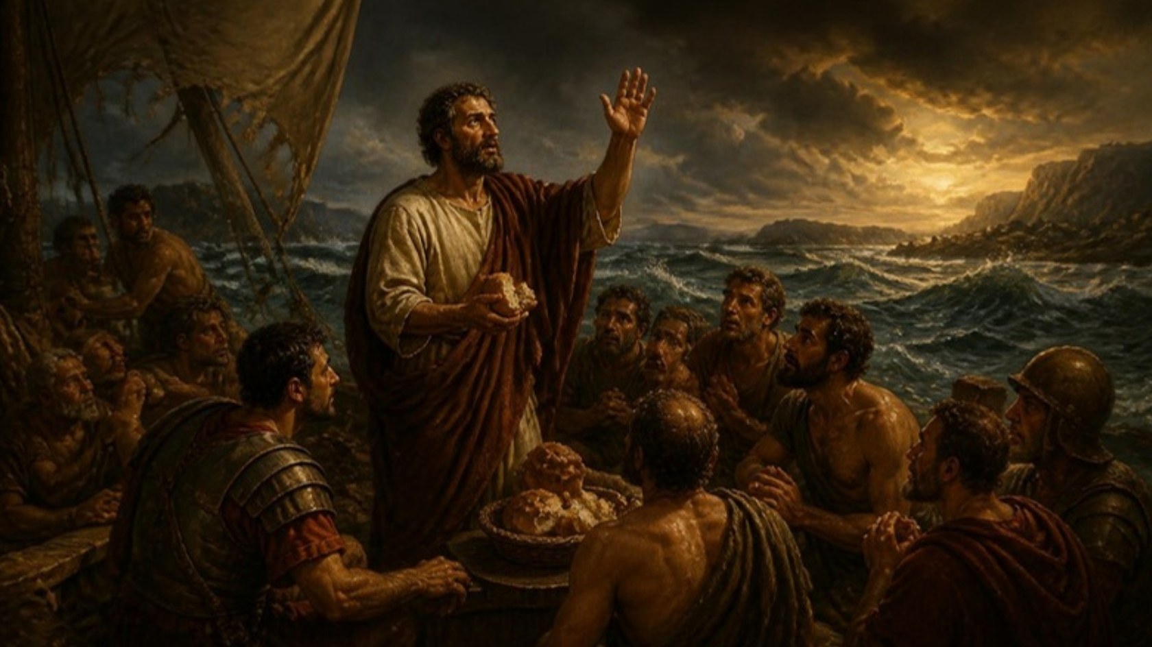 AI-generated illustration: Paul stands on the deck of the storm-tossed ship holding broken bread, encouraging the frightened sailors and soldiers as the coast of Malta appears. Classical sacred-art style.