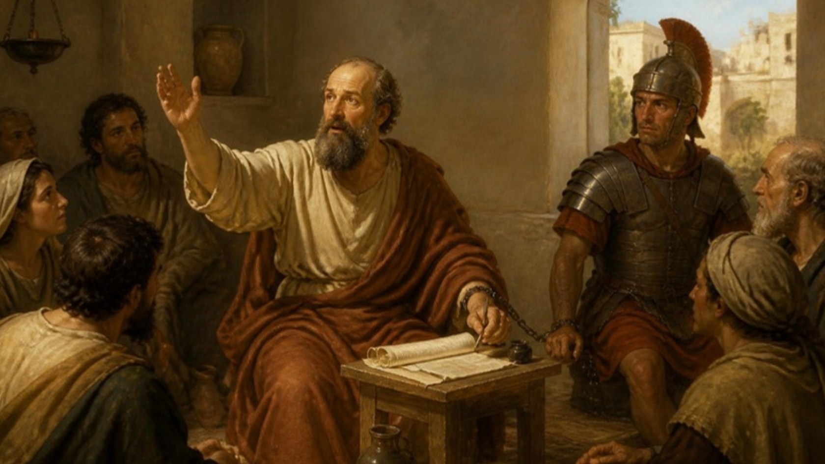 AI-generated illustration: Paul, lightly chained to a Roman soldier, teaches visitors in a sunlit house in Rome beside his scrolls. Classical sacred-art style.