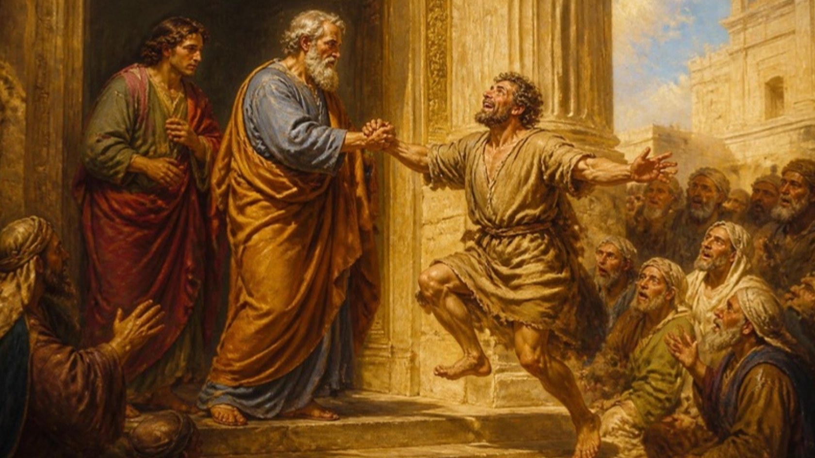 AI-generated illustration: Peter takes the hand of the lame man at the Beautiful Gate of the Temple as he leaps up healed, John beside him. Classical sacred-art style.