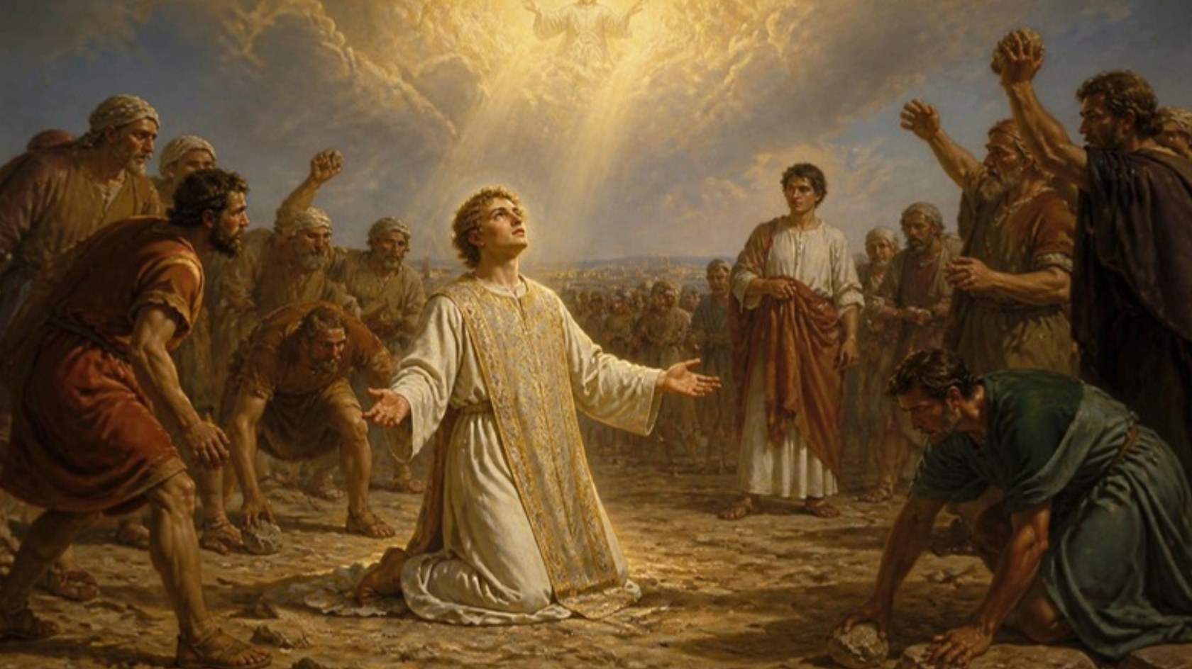 AI-generated illustration: Saint Stephen kneels with his face shining toward the opened heavens, a young Saul standing behind. Classical sacred-art style.