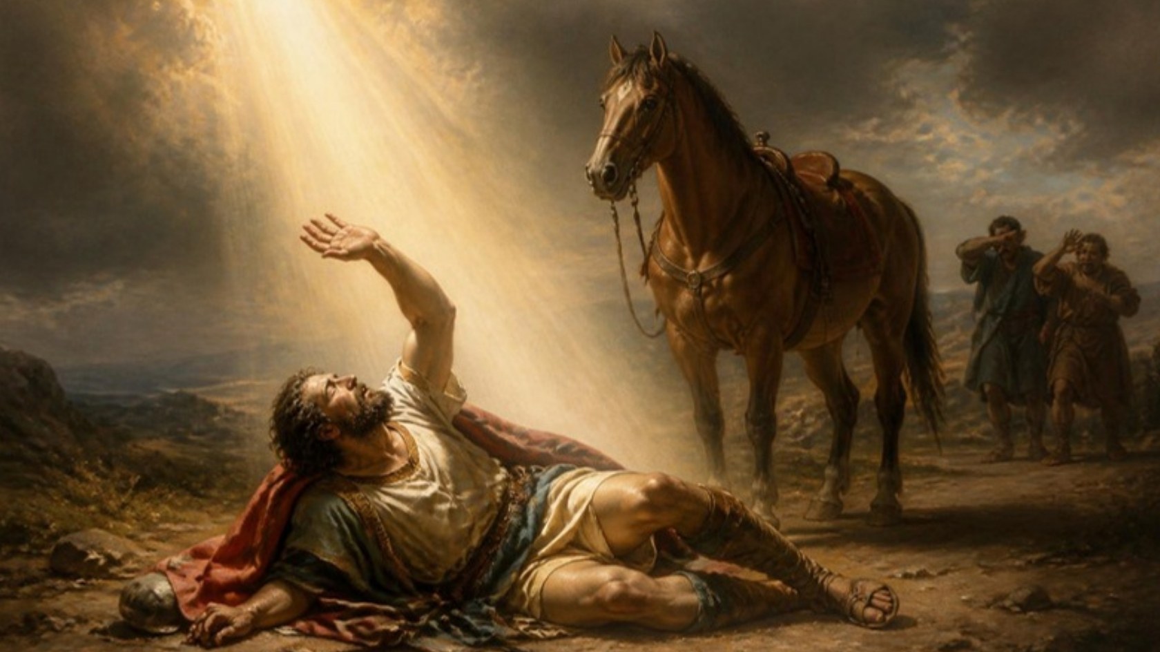 AI-generated illustration: Saul lies fallen on the Damascus road, one arm raised against a light from heaven, his horse standing behind him. Classical sacred-art style.