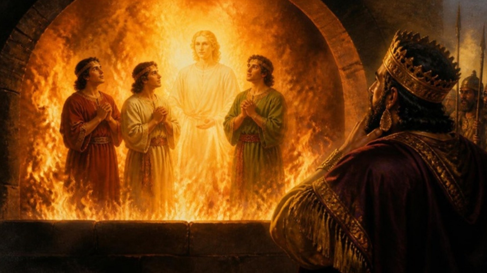 AI-generated illustration: three young men pray unharmed in the fiery furnace beside a radiant fourth figure as the king looks on. Classical sacred-art style.