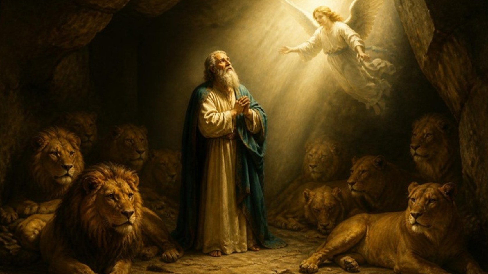 AI-generated illustration: the prophet Daniel prays calmly among resting lions as an angel descends in a shaft of light. Classical sacred-art style.