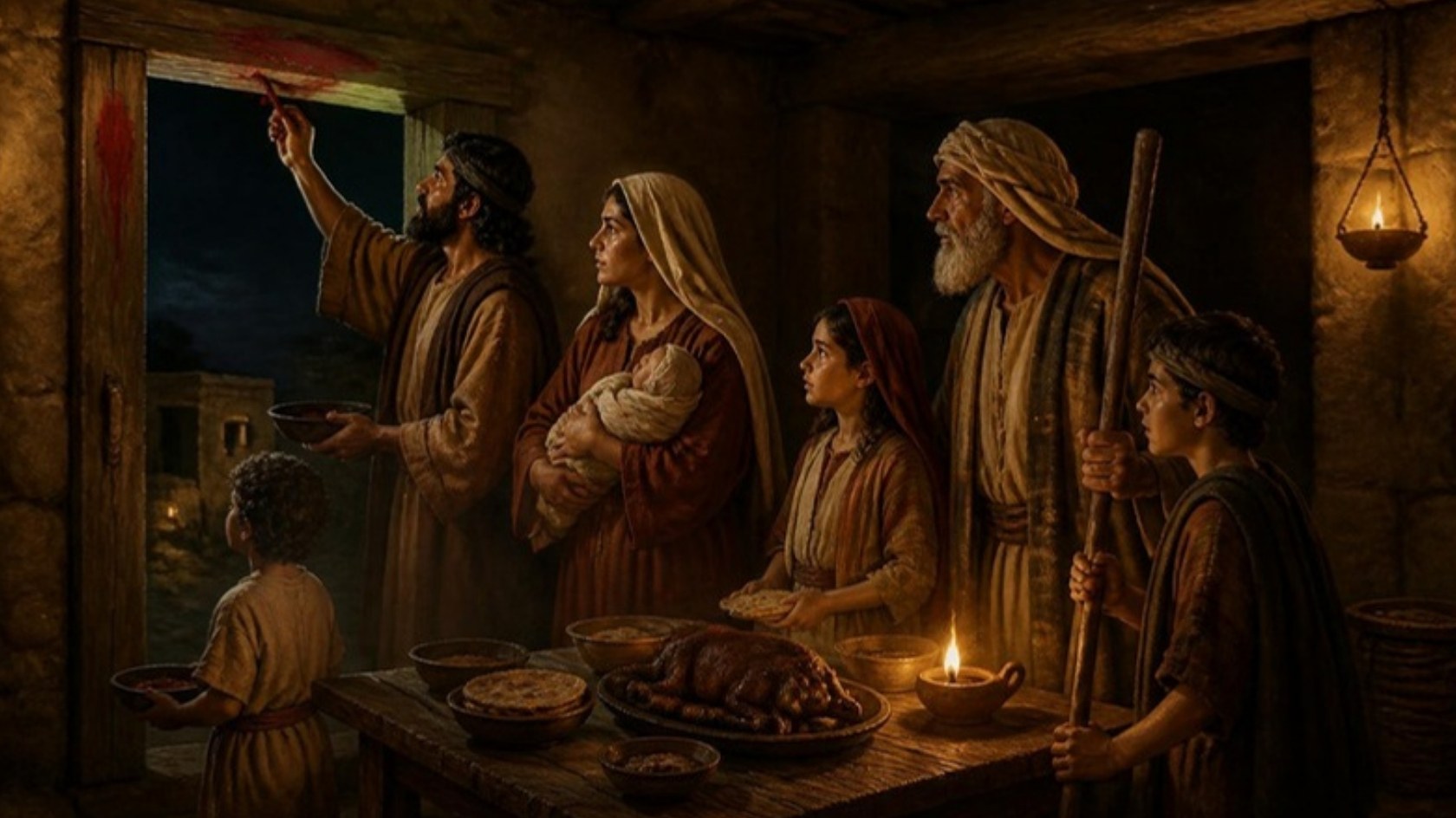 AI-generated illustration: an Israelite family, dressed for travel, eats the Passover by lamplight as the father marks the doorpost. Classical sacred-art style.