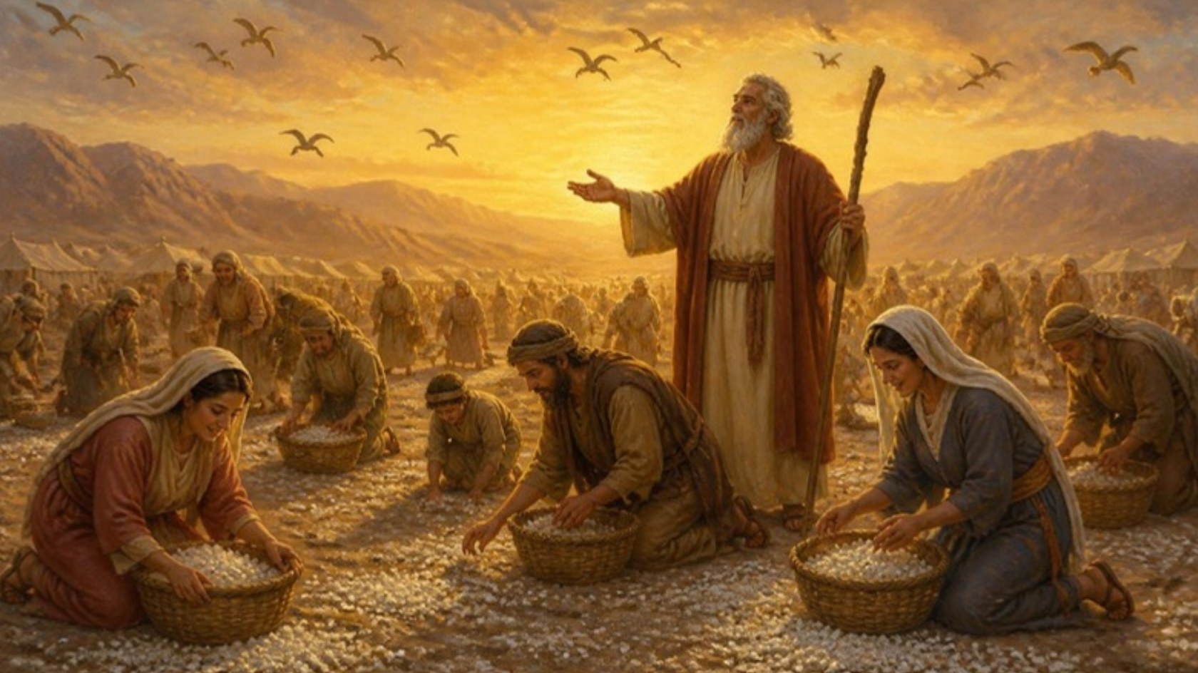 AI-generated illustration: the Israelites gather white manna into baskets at dawn as Moses lifts his hand in thanksgiving. Classical sacred-art style.