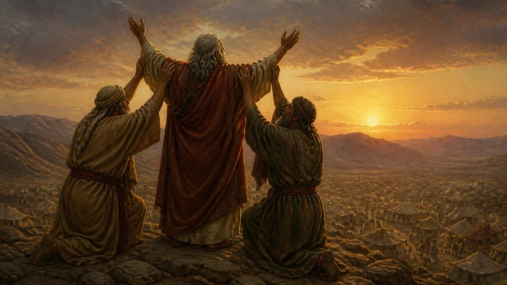 AI-generated illustration: Aaron and Hur hold up the arms of Moses in prayer on a hilltop at sunset above the camp. Classical sacred-art style.