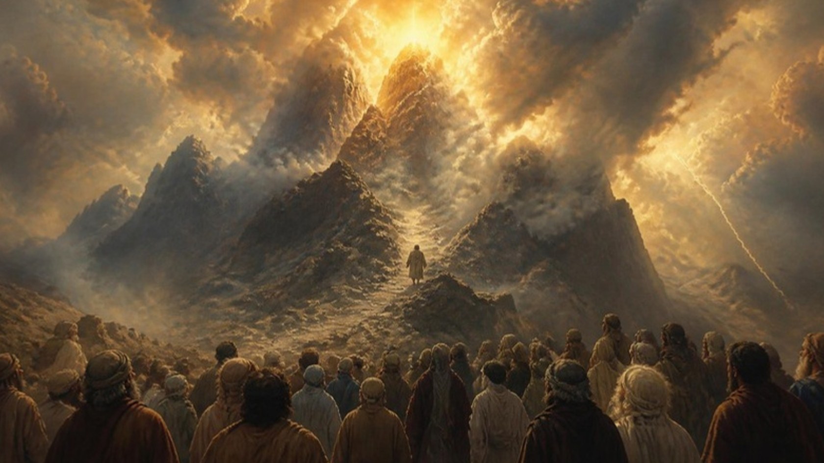 AI-generated illustration: the people stand in awe at the foot of Mount Sinai wrapped in cloud and fire as Moses climbs toward God. Classical sacred-art style.