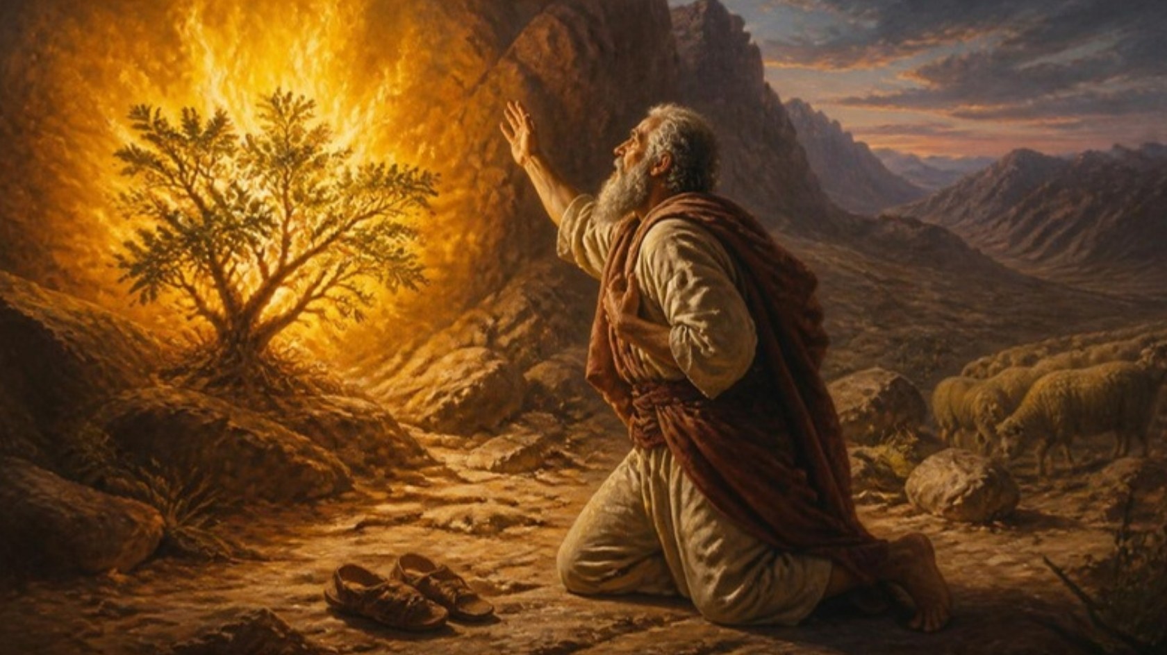 AI-generated illustration: Moses kneels barefoot before the burning bush, his sandals beside him, sheep in the wilderness. Classical sacred-art style.