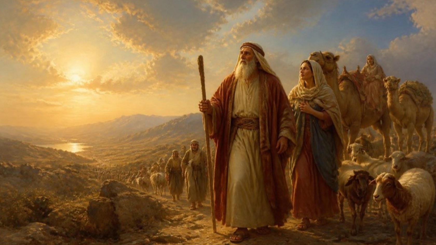 AI-generated illustration: Abram sets out from Haran with Sarai, servants, camels and flocks toward the land God will show him. Classical sacred-art style.