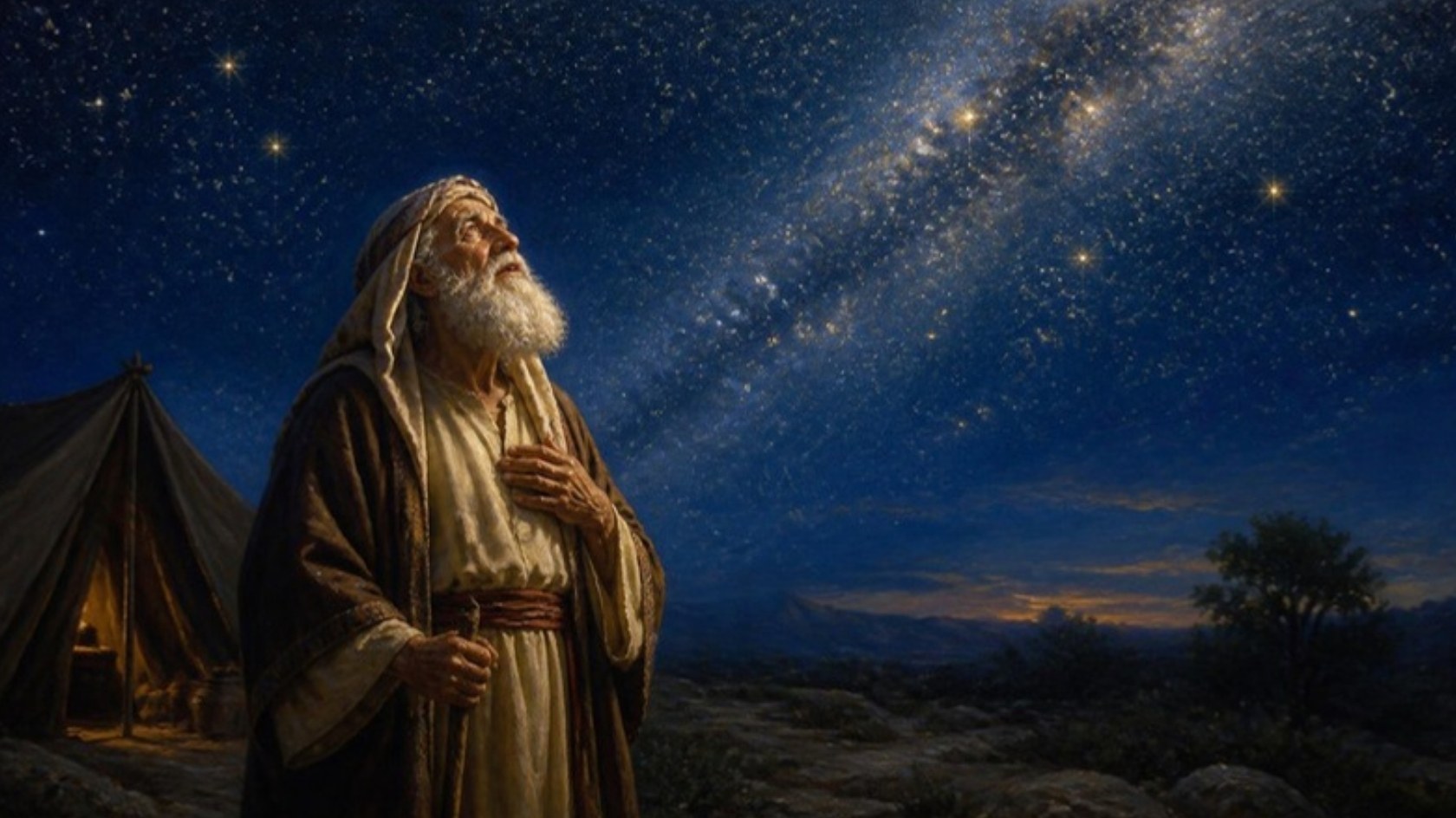 AI-generated illustration: the aged Abraham stands outside his tent at night gazing at a sky full of countless stars. Classical sacred-art style.