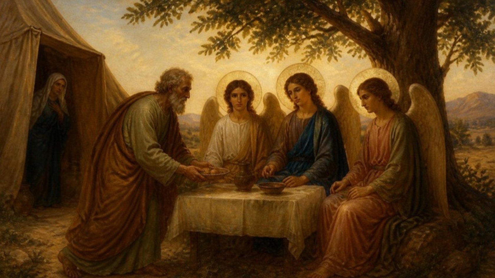 AI-generated illustration: Abraham serves a meal to three mysterious visitors under the oak of Mamre as Sarah listens at the tent door. Classical sacred-art style.