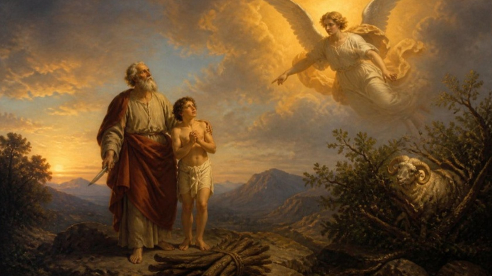 AI-generated illustration: Abraham and young Isaac on Mount Moriah look up at an angel pointing to a ram caught in a thicket. Classical sacred-art style.
