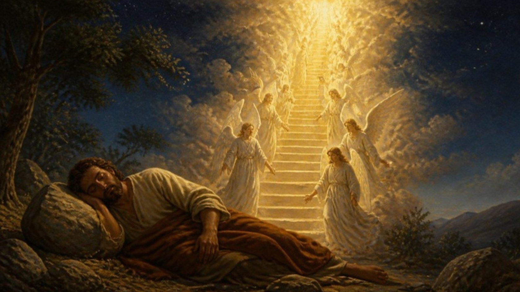 AI-generated illustration: Jacob sleeps on a stone in the wilderness, dreaming of a radiant stairway to heaven with angels ascending and descending. Classical sacred-art style.