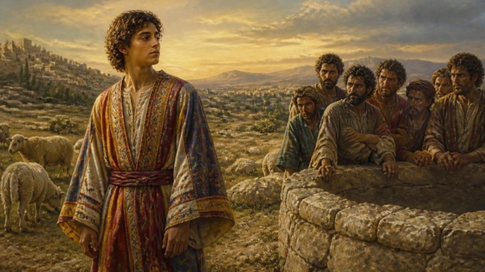 AI-generated illustration: young Joseph in his ornamented robe stands in a field as his jealous brothers watch beside a dry cistern. Classical sacred-art style.