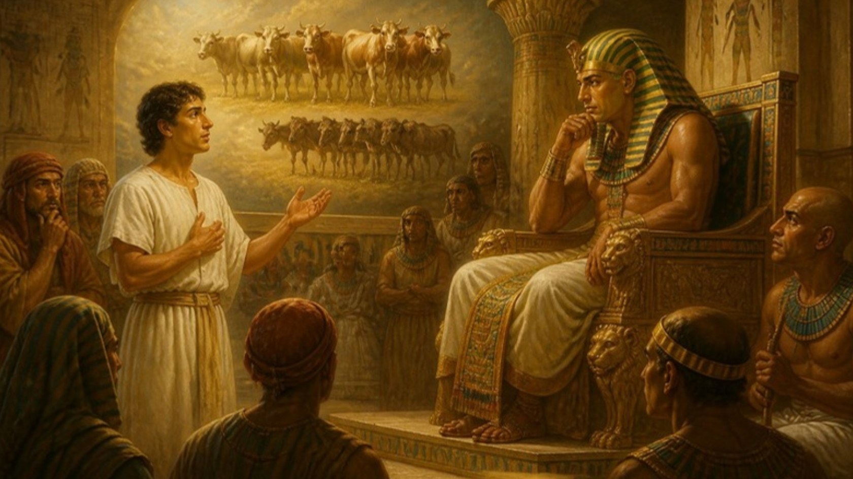 AI-generated illustration: young Joseph in white linen interprets Pharaoh's dreams of the fat and lean cows before the throne. Classical sacred-art style.