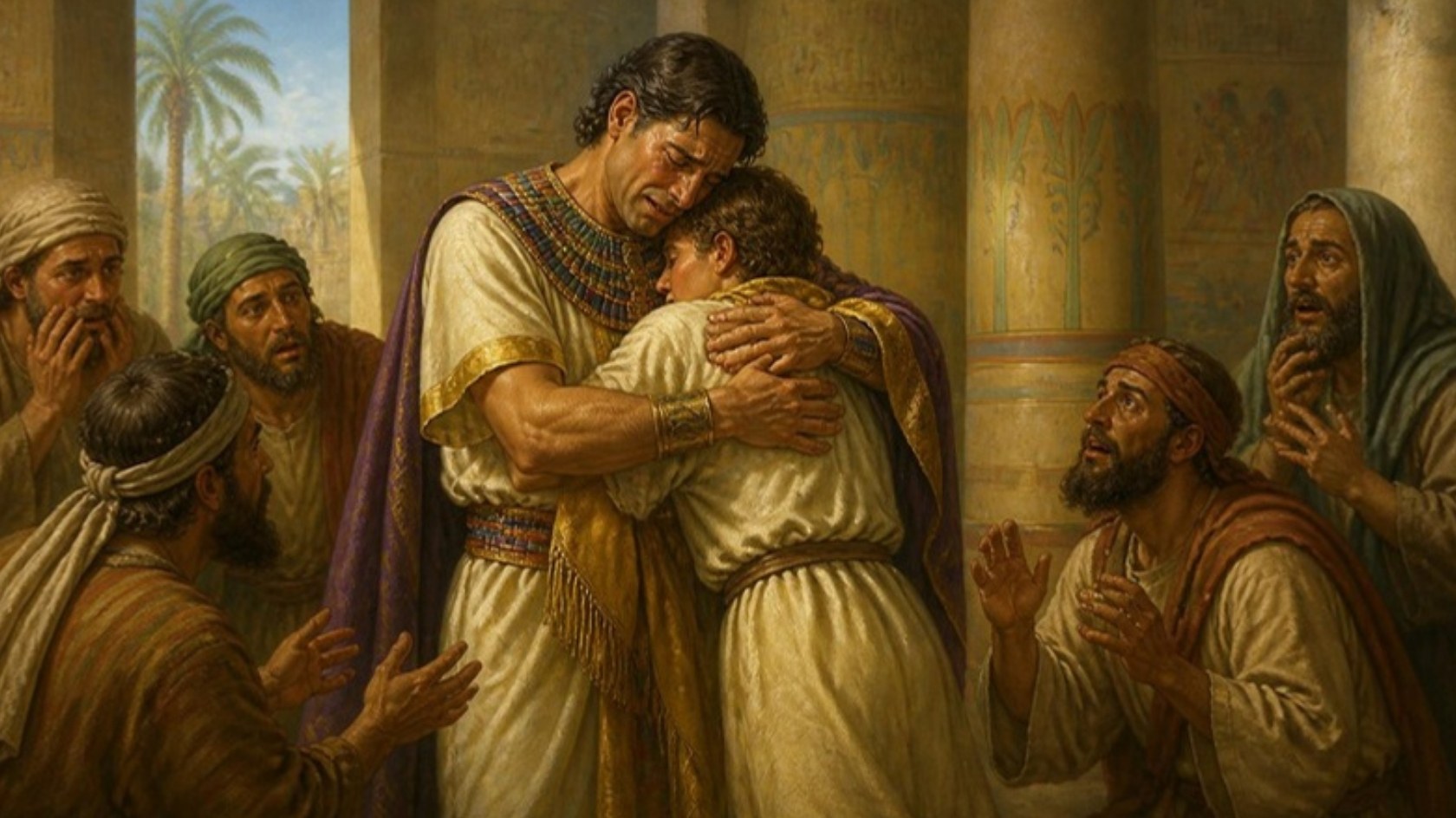 AI-generated illustration: Joseph, governor of Egypt, weeps as he embraces Benjamin while his astonished brothers kneel. Classical sacred-art style.