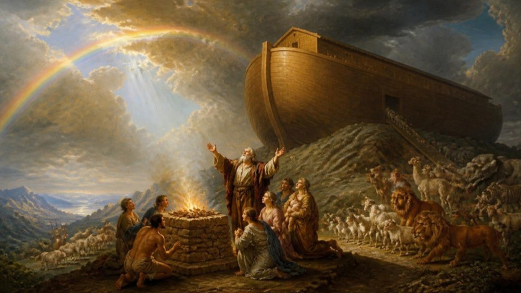 AI-generated illustration: Noah's family gives thanks at an altar beside the ark on the mountain, animals going out, a rainbow in the sky. Classical sacred-art style.