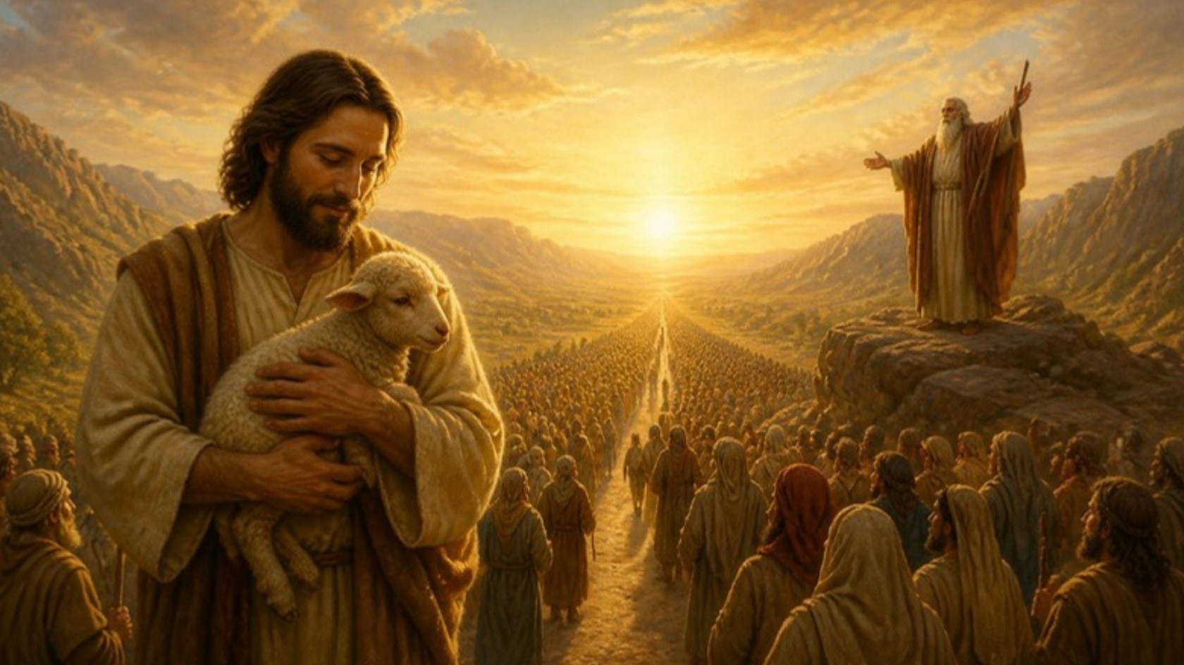 AI-generated illustration: a shepherd carries a lamb along a straight road through the wilderness at sunrise as a prophet calls out comfort. Classical sacred-art style.