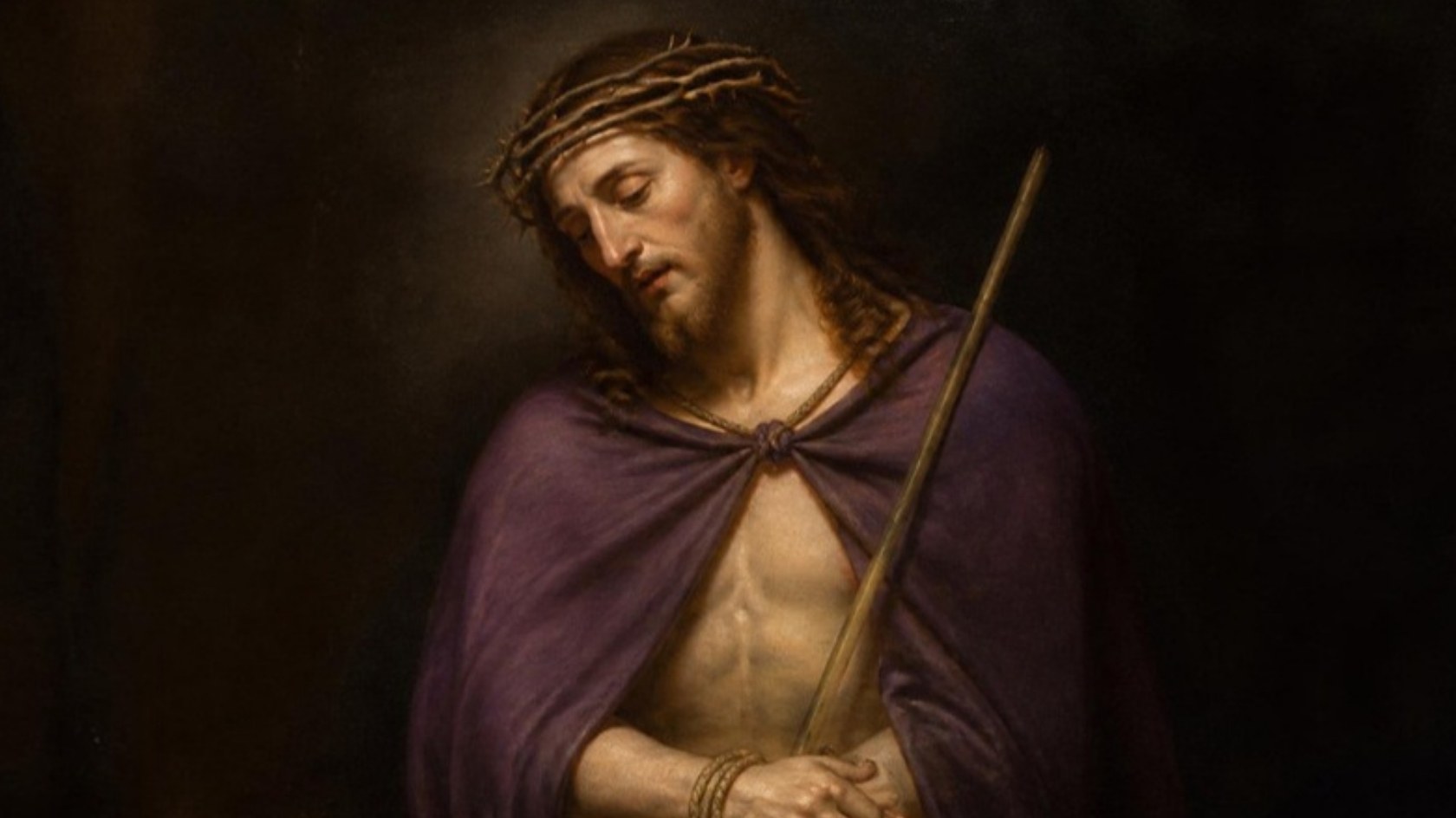 AI-generated illustration: Christ crowned with thorns in a purple cloak, holding a reed, gazing down in silent compassion. Classical sacred-art style.