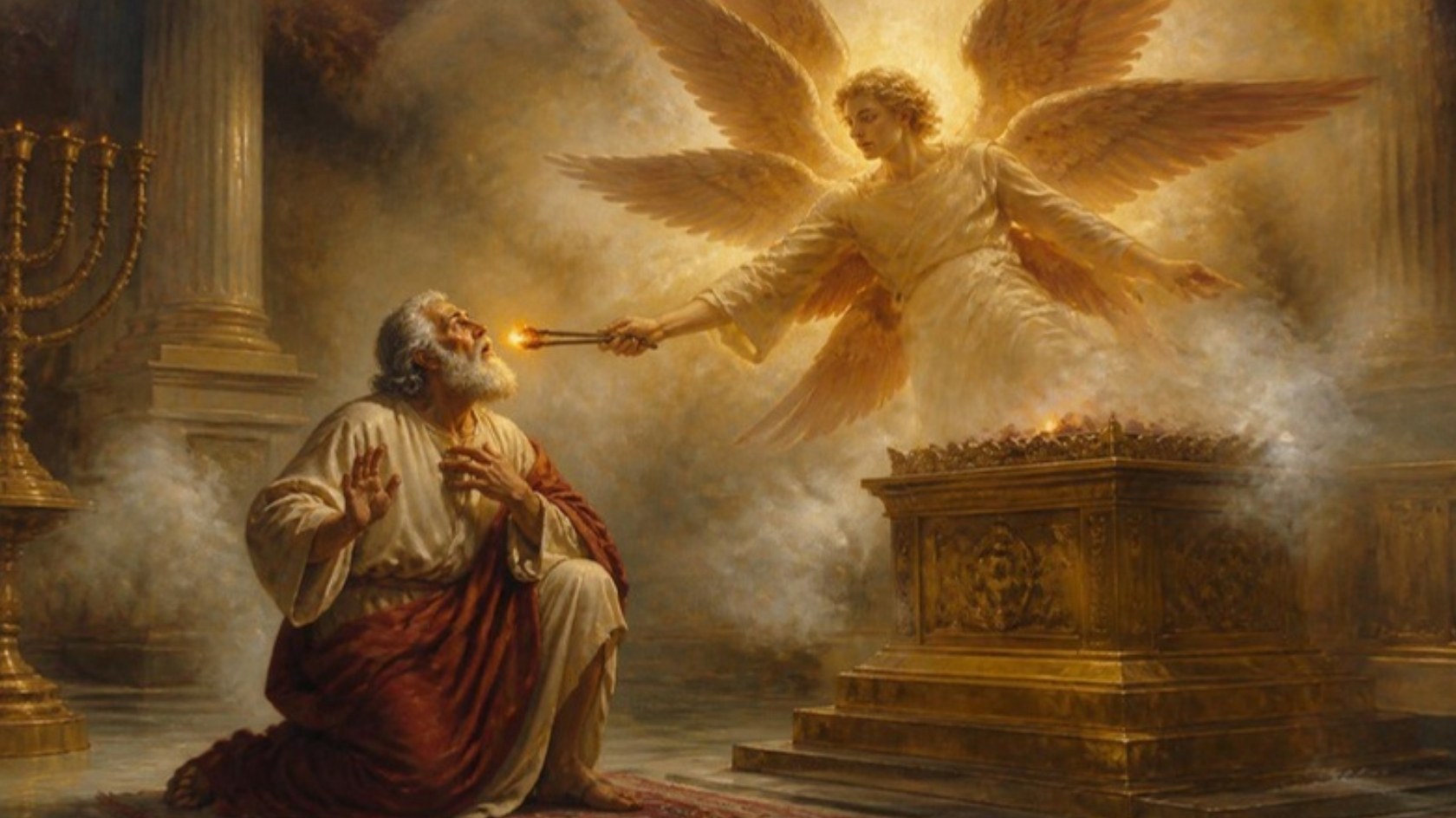 AI-generated illustration: a seraph touches the lips of the kneeling prophet Isaiah with a burning coal from the Temple altar. Classical sacred-art style.