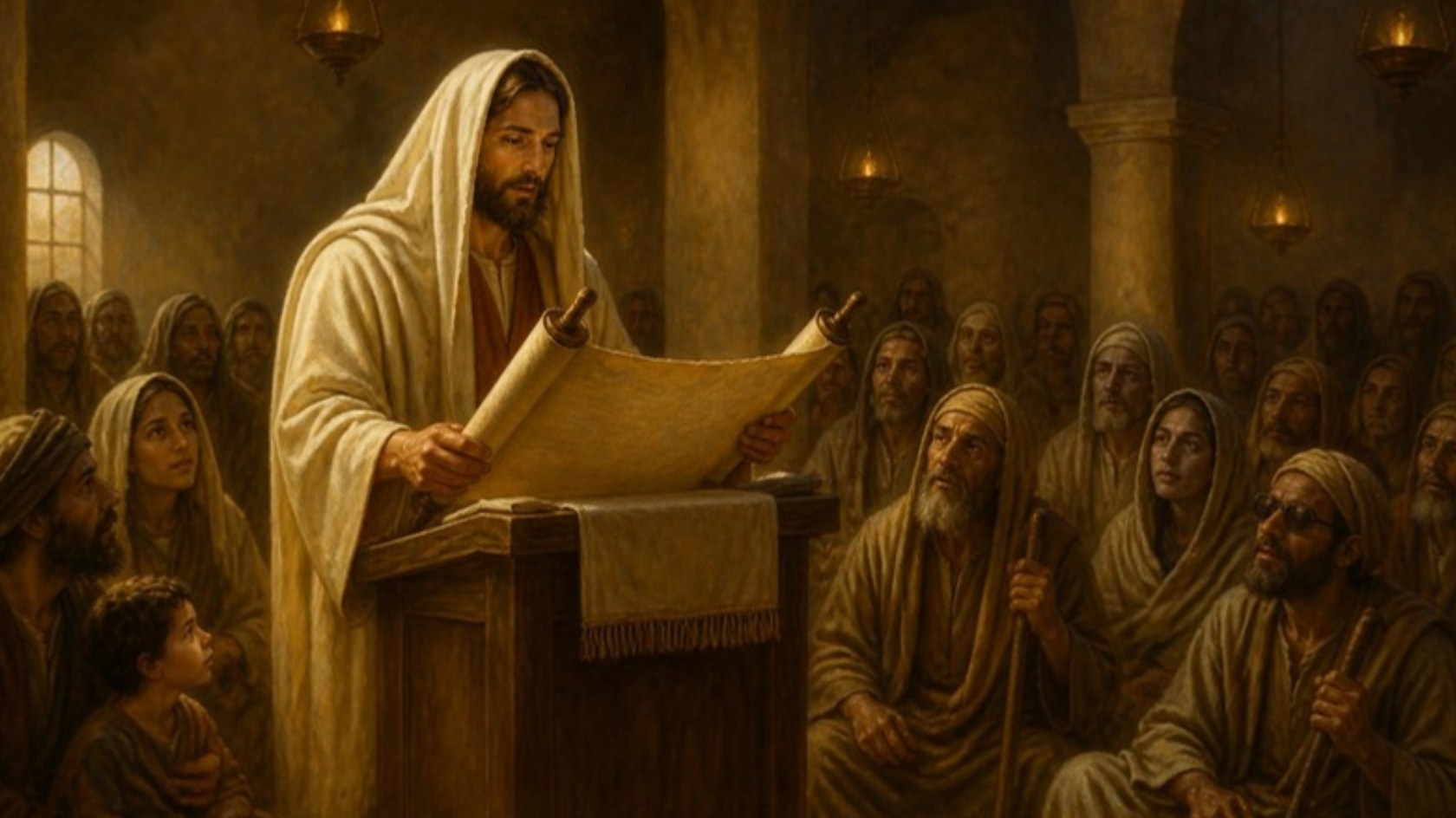 AI-generated illustration: Jesus reads from the scroll of Isaiah in the Nazareth synagogue as the poor and the blind listen. Classical sacred-art style.