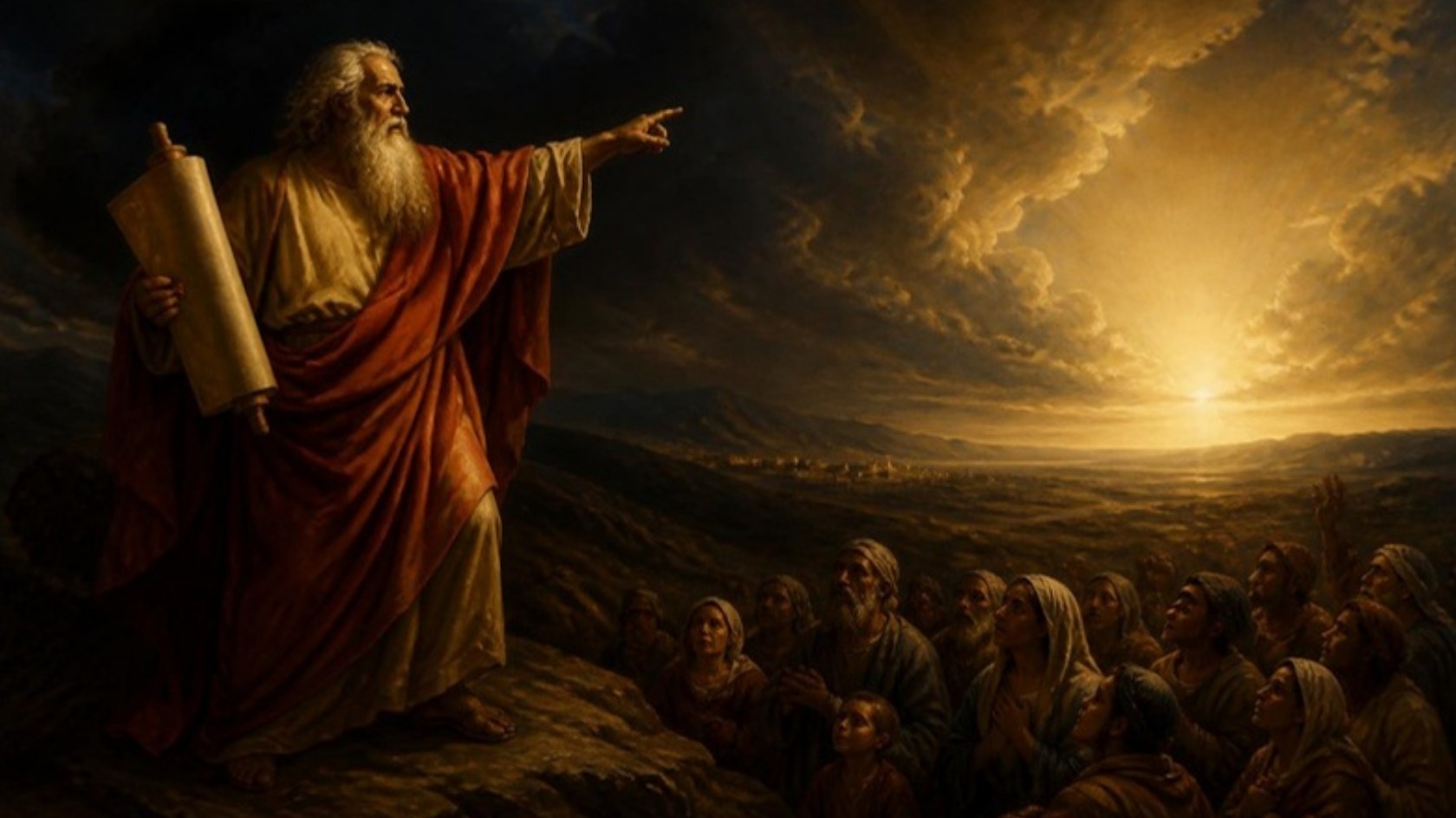 AI-generated illustration: the prophet Isaiah holding a scroll points to a great light dawning over people in darkness. Classical sacred-art style.