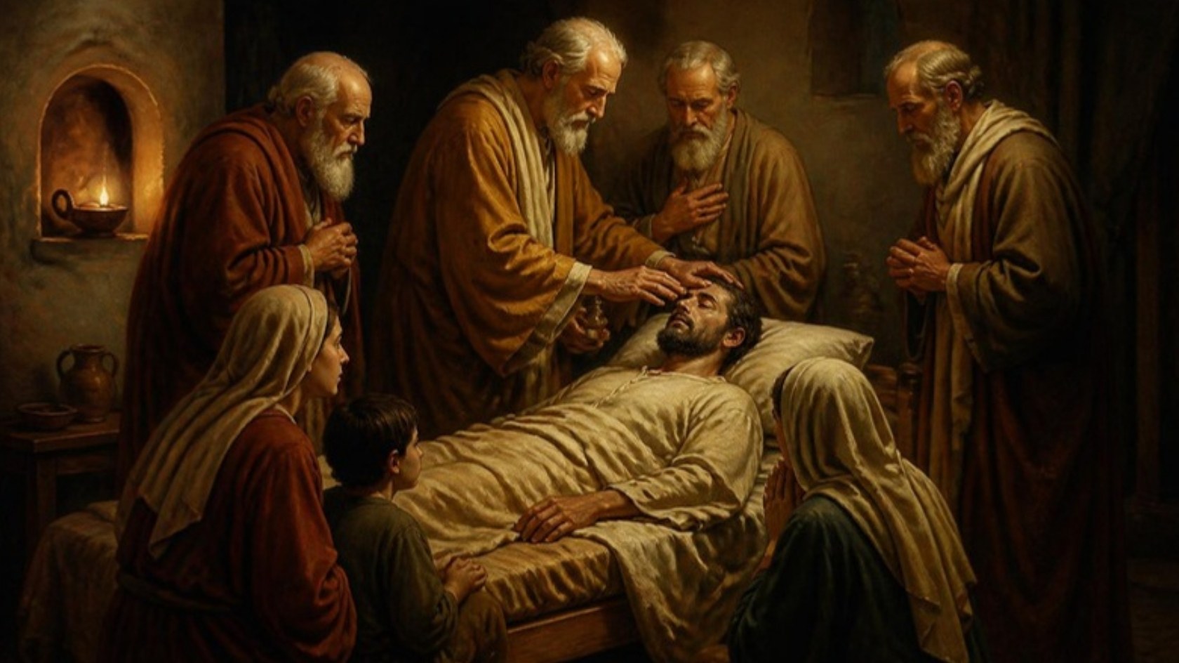 AI-generated illustration: early Christian elders pray over a sick man and anoint his forehead with oil, his family kneeling. Classical sacred-art style.