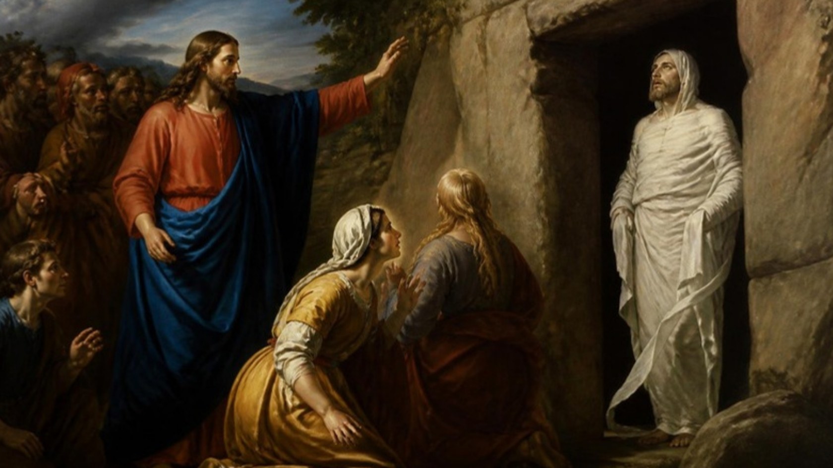 AI-generated illustration: Jesus raises his hand as Lazarus comes out of the tomb wrapped in linen, Martha and Mary kneeling. Classical sacred-art style.