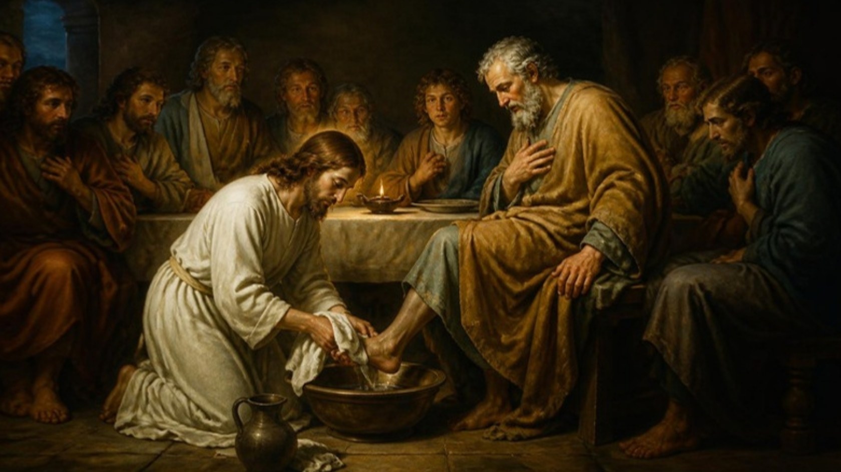 AI-generated illustration: Jesus kneels with a towel and basin washing Peter's feet in the upper room by lamplight. Classical sacred-art style.