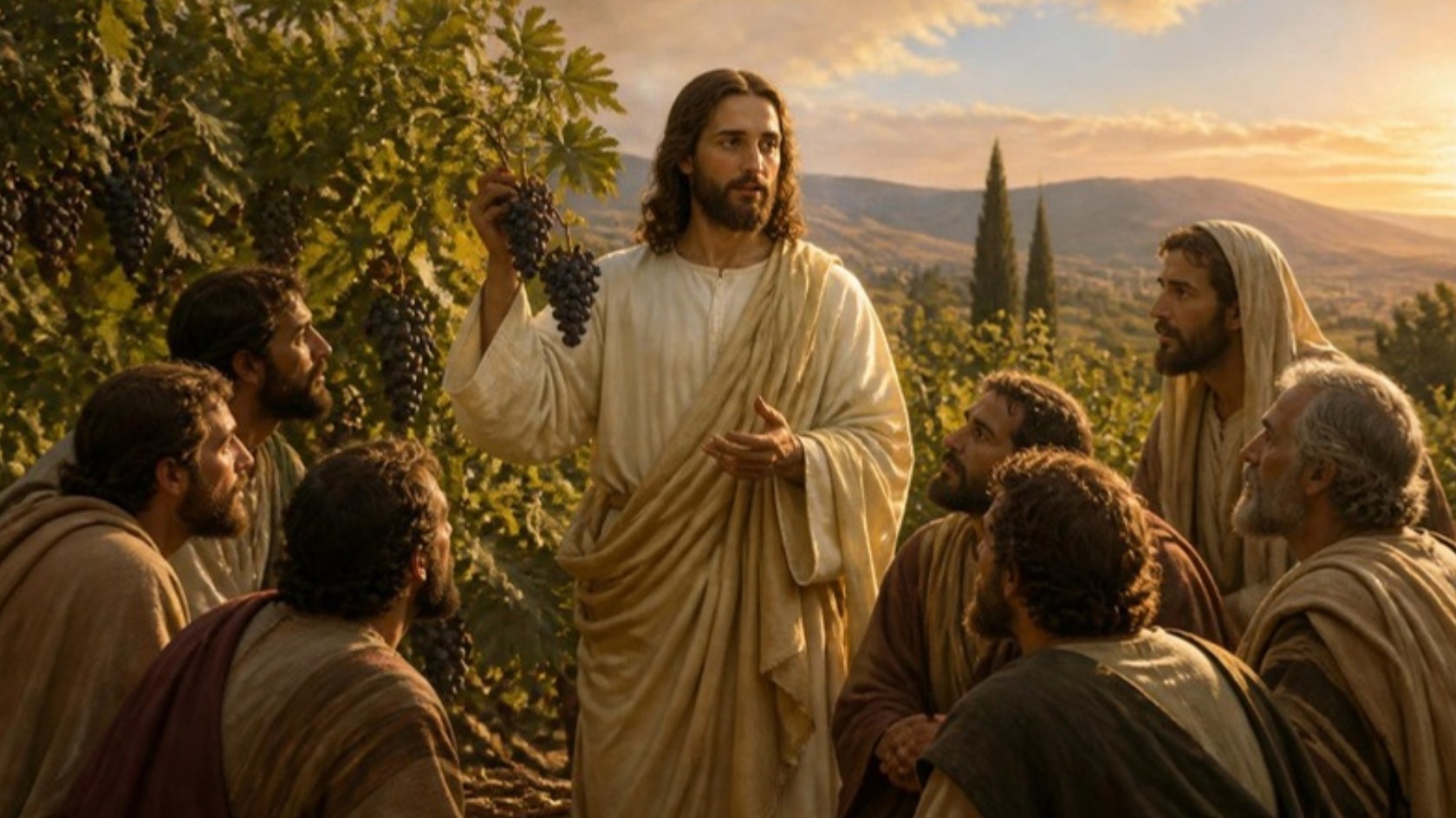 AI-generated illustration: Jesus holds a branch laden with grapes in a sunlit vineyard as the apostles listen. Classical sacred-art style.