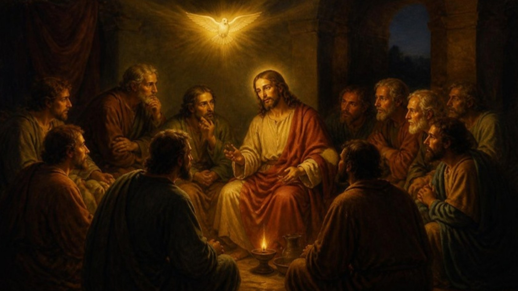 AI-generated illustration: Jesus speaks to his apostles by lamplight after the Last Supper, a radiant dove above them. Classical sacred-art style.