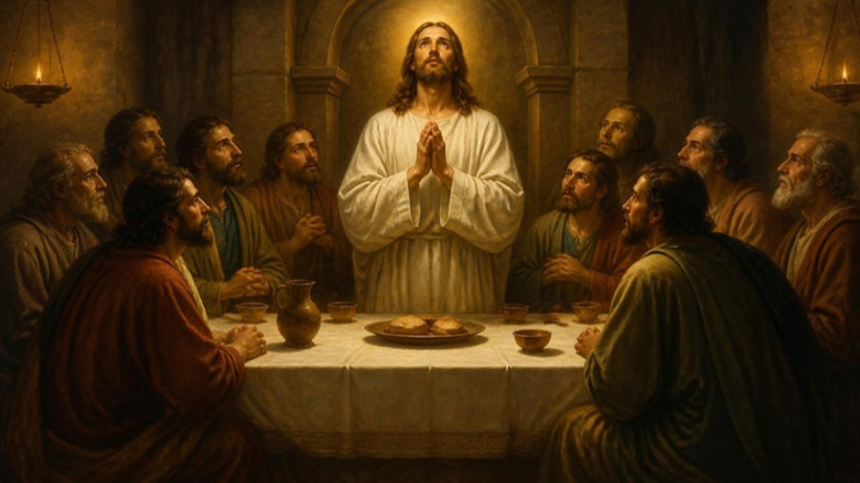 AI-generated illustration: Jesus stands at the supper table with eyes raised to heaven in prayer as the eleven apostles pray around him. Classical sacred-art style.