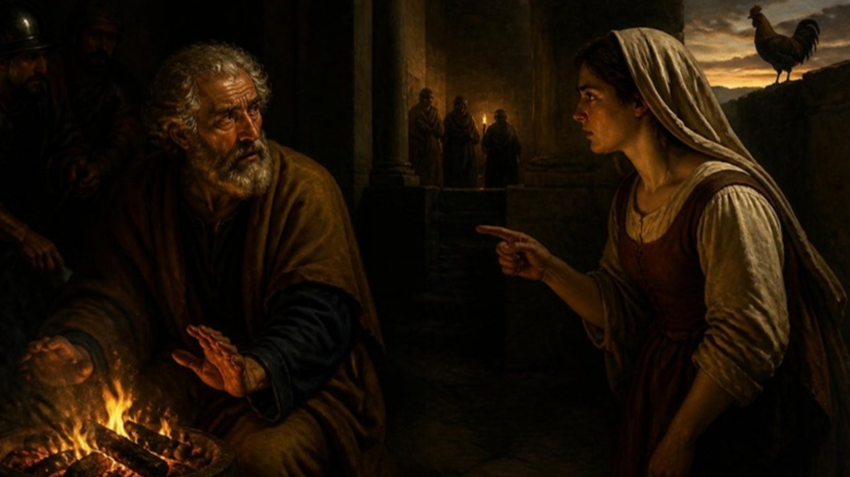 AI-generated illustration: Peter warms himself at a charcoal fire at night as a servant girl points at him, a rooster on the wall at dawn. Classical sacred-art style.