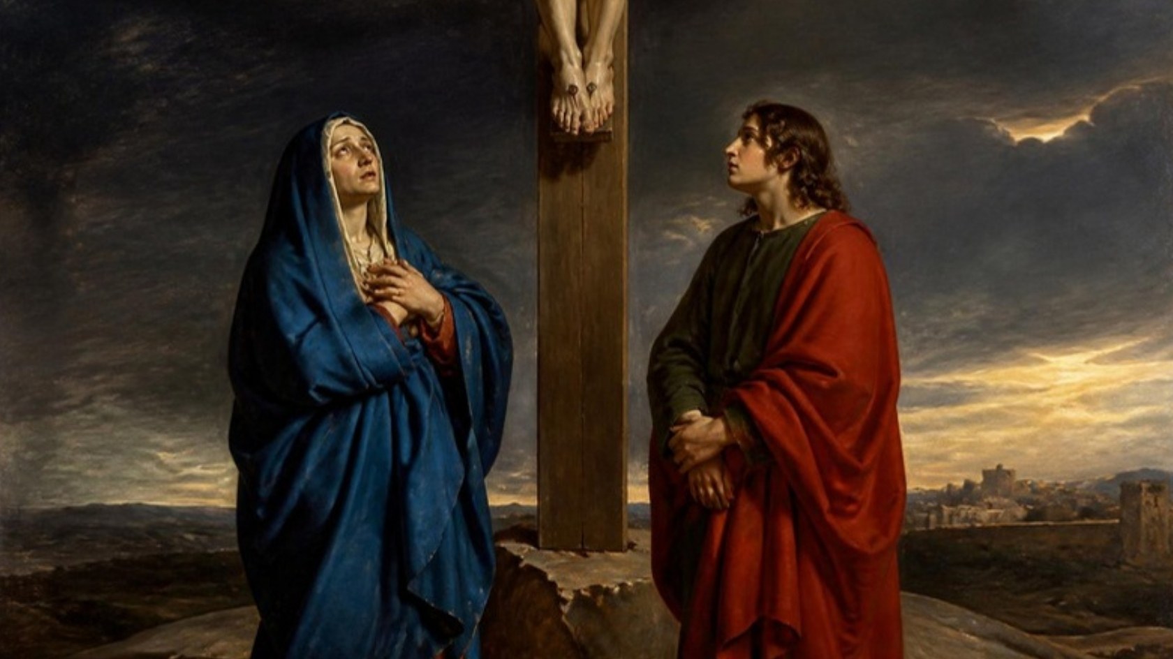 AI-generated illustration: the Virgin Mary and the apostle John stand in sorrow at the foot of the cross under a darkened sky. Classical sacred-art style.