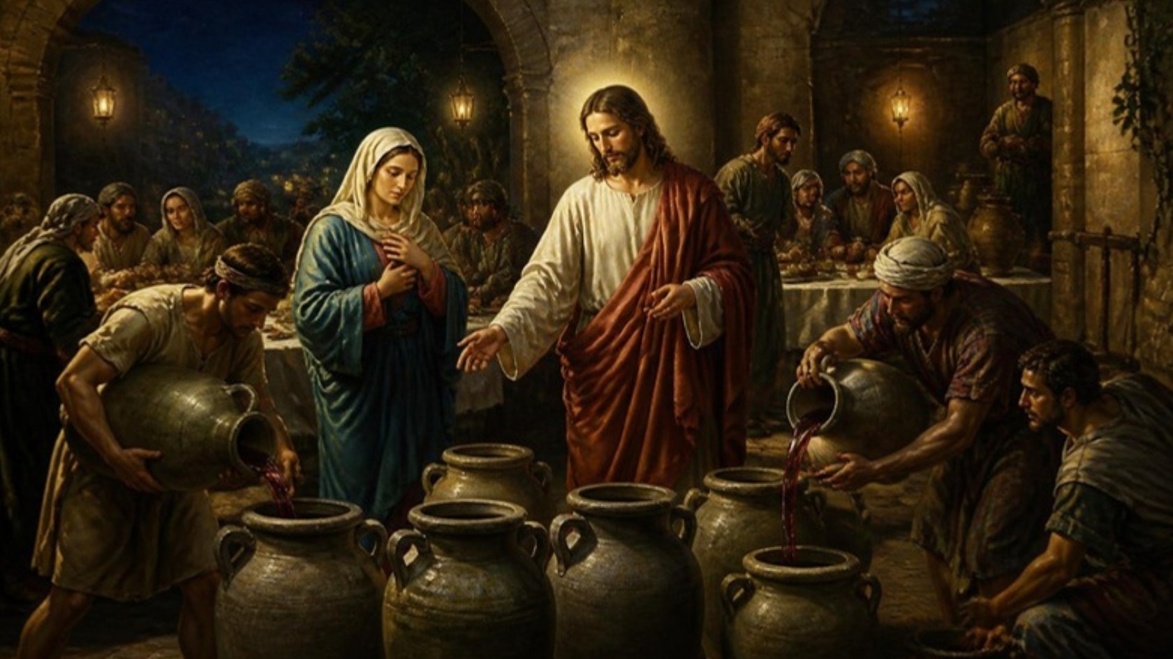 AI-generated illustration: Jesus with Mary at his side blesses stone water jars as servants pour out wine at the wedding feast. Classical sacred-art style.