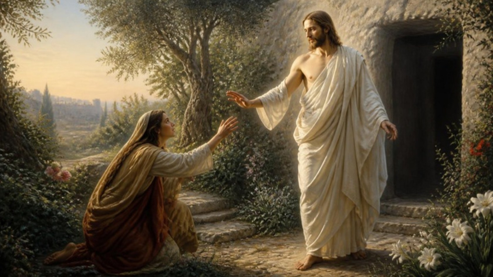 AI-generated illustration: the risen Christ in white in a garden at dawn as Mary Magdalene kneels reaching toward him. Classical sacred-art style.