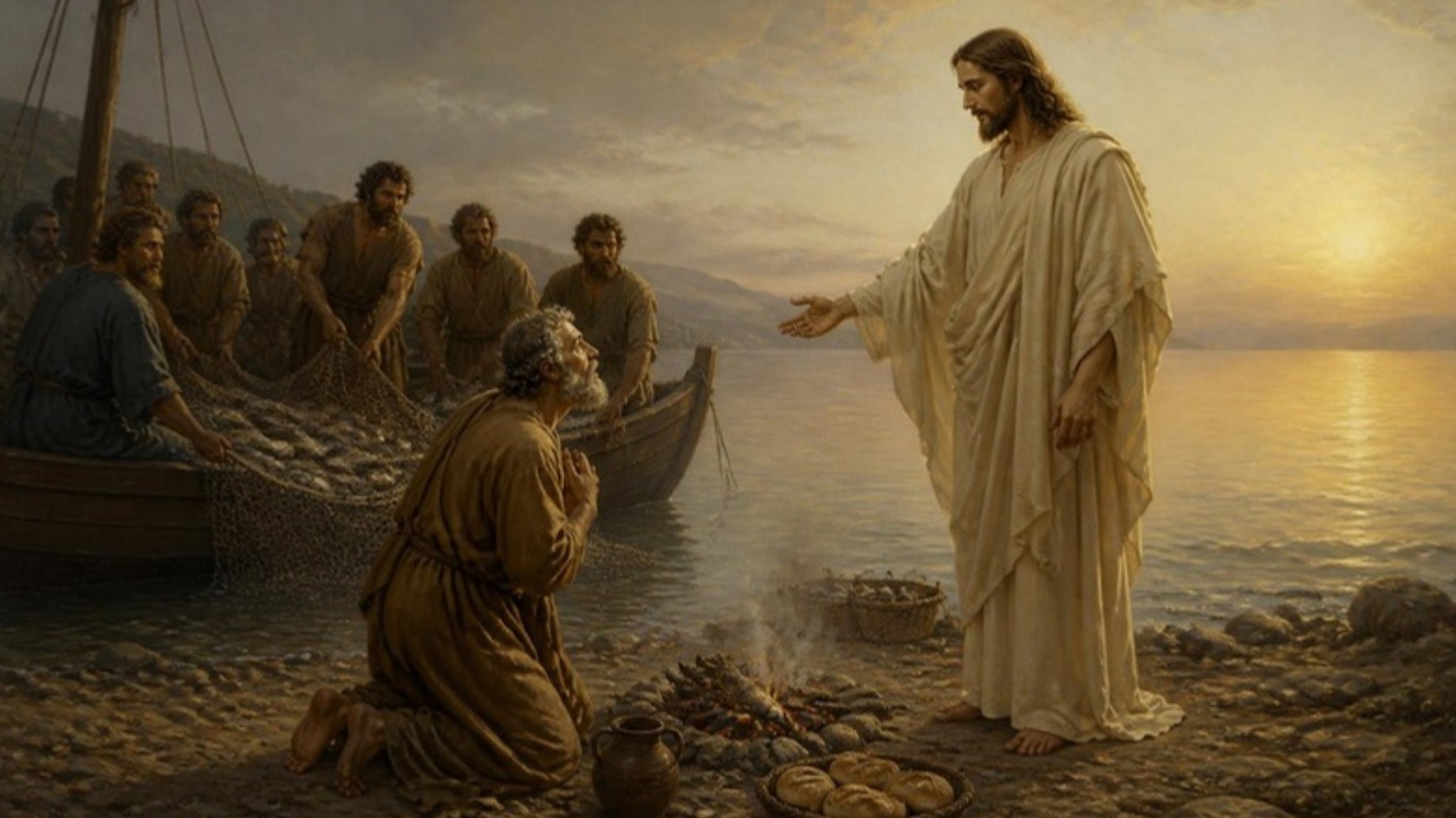 AI-generated illustration: the risen Christ on the shore at dawn beside a charcoal fire as Peter kneels, the boat and full net behind. Classical sacred-art style.