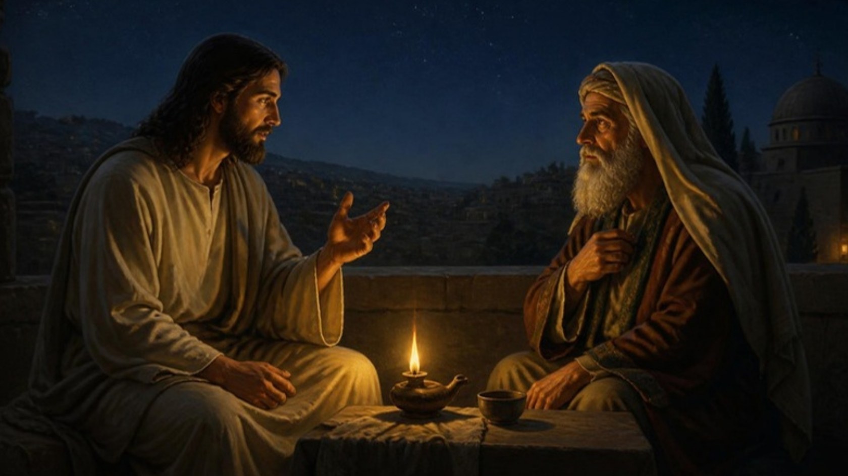 AI-generated illustration: Jesus speaks at night with the elderly Nicodemus on a Jerusalem rooftop lit by a single oil lamp. Classical sacred-art style.